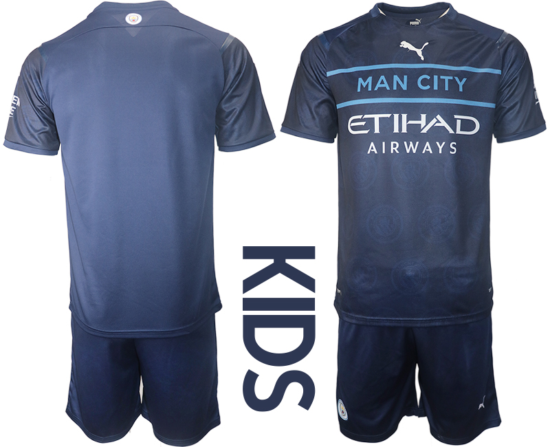 Youth 2021-2022 Club Manchester City away blue blank Soccer Jersey->customized soccer jersey->Custom Jersey